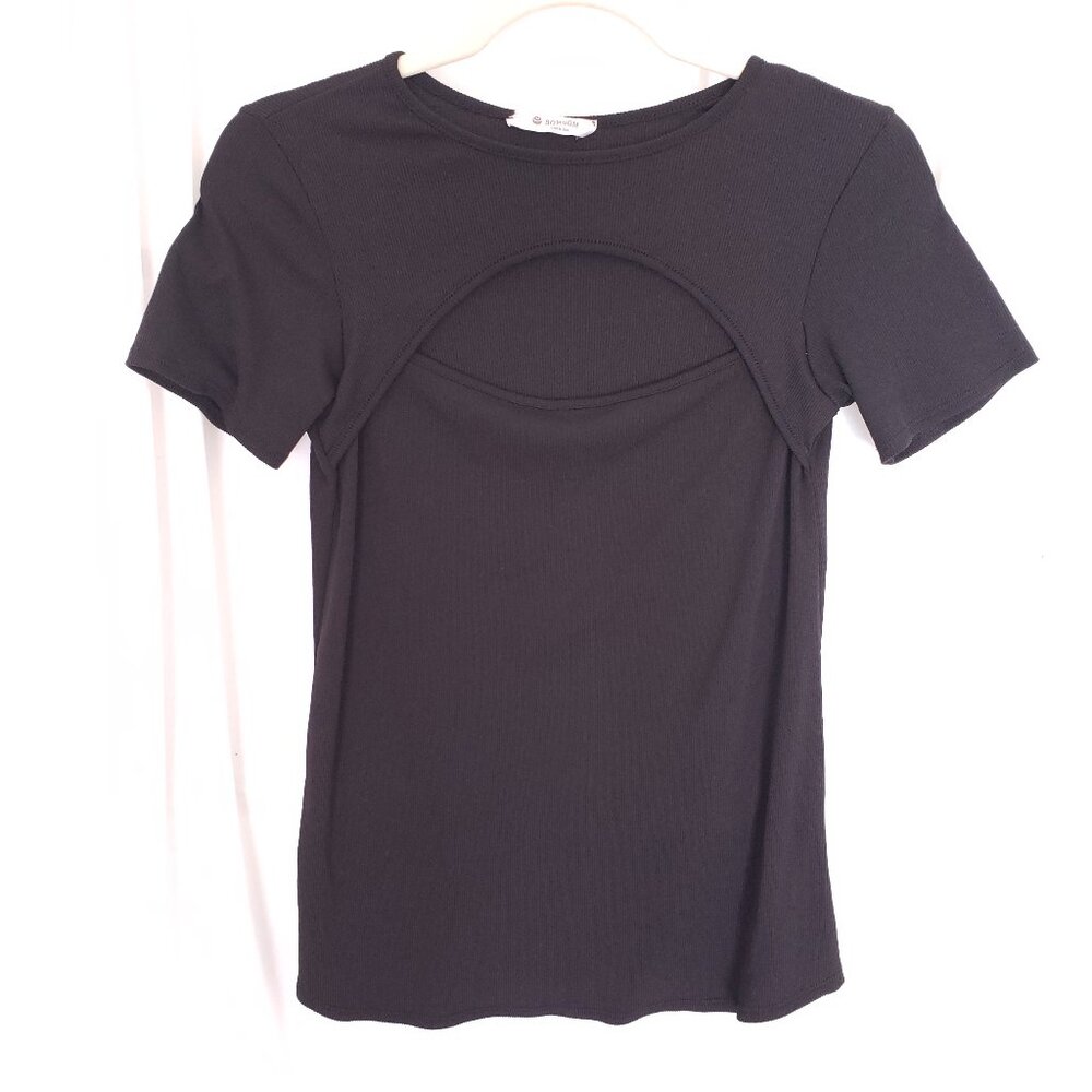Bombom Women Black Short Sleeve Unique Cut Shirt Blouse Size Small Made in USA